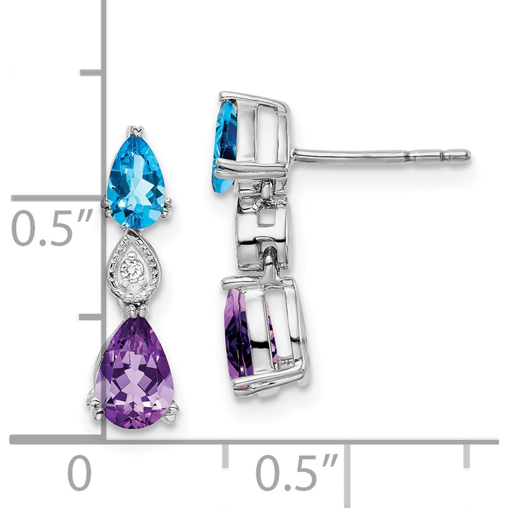 14K White Gold Drop Earrings with Pear-Shaped Blue Topaz, Amethyst, and Round Diamond - 1.01 Carat Total Gem Weight by Monteluci Fine Jewelry