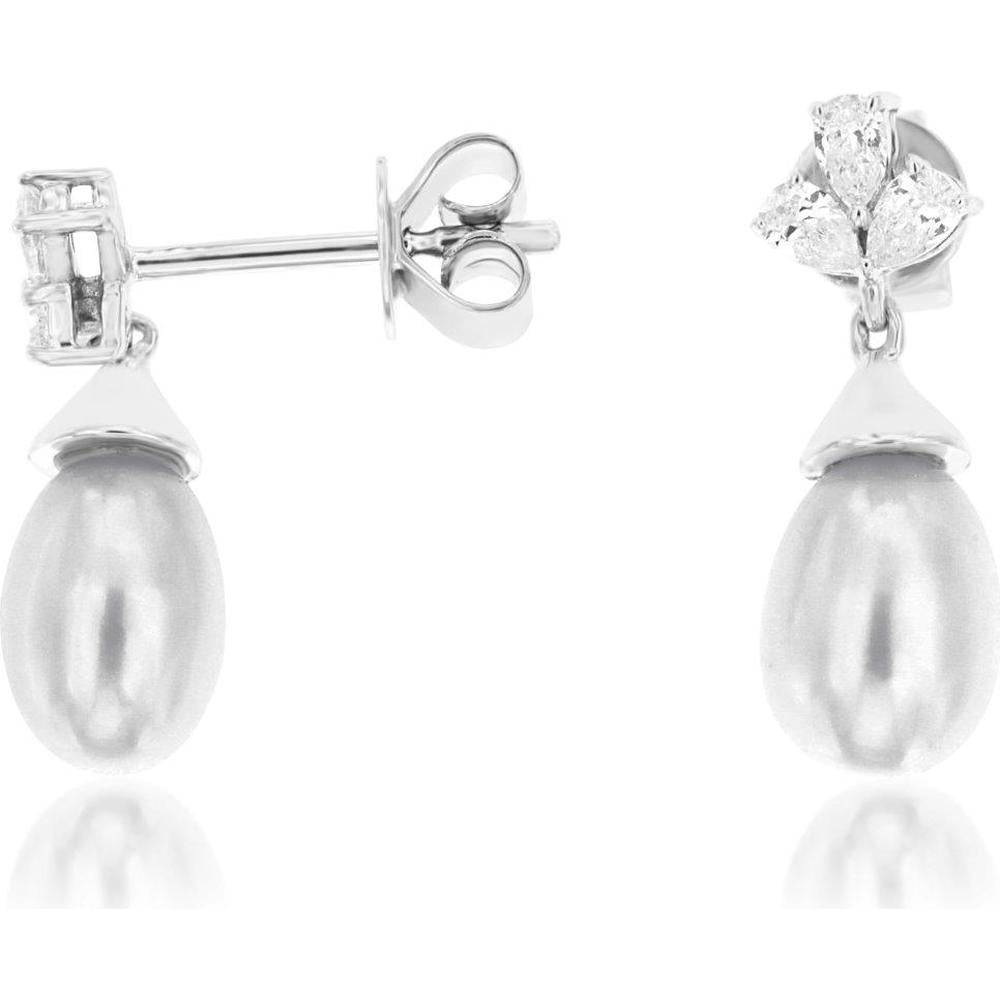 14K White Gold Drop Earrings with Pear-Shaped Diamonds and Luminous Pearls - 0.28 Carat Total Diamond Weight - Royal Jewelry
