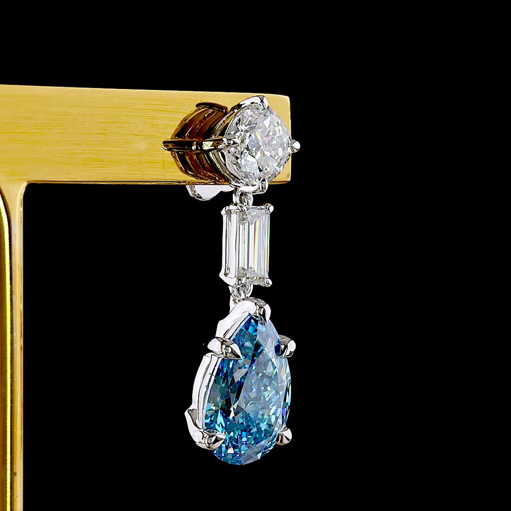 14K White Gold Drop Earrings with Pear-Shaped Fancy Vivid Blue Lab Diamonds and Baguette Accents - 6.56 Carat Total Gem Weight - Covaloro Fine Jewelry