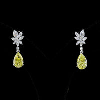 14K White Gold Drop Earrings with Pear-Shaped Fancy Vivid Yellow Lab Diamonds and Floral Marquise White Diamonds - 5.53 Carat Total Weight - Covaloro Fine Jewelry