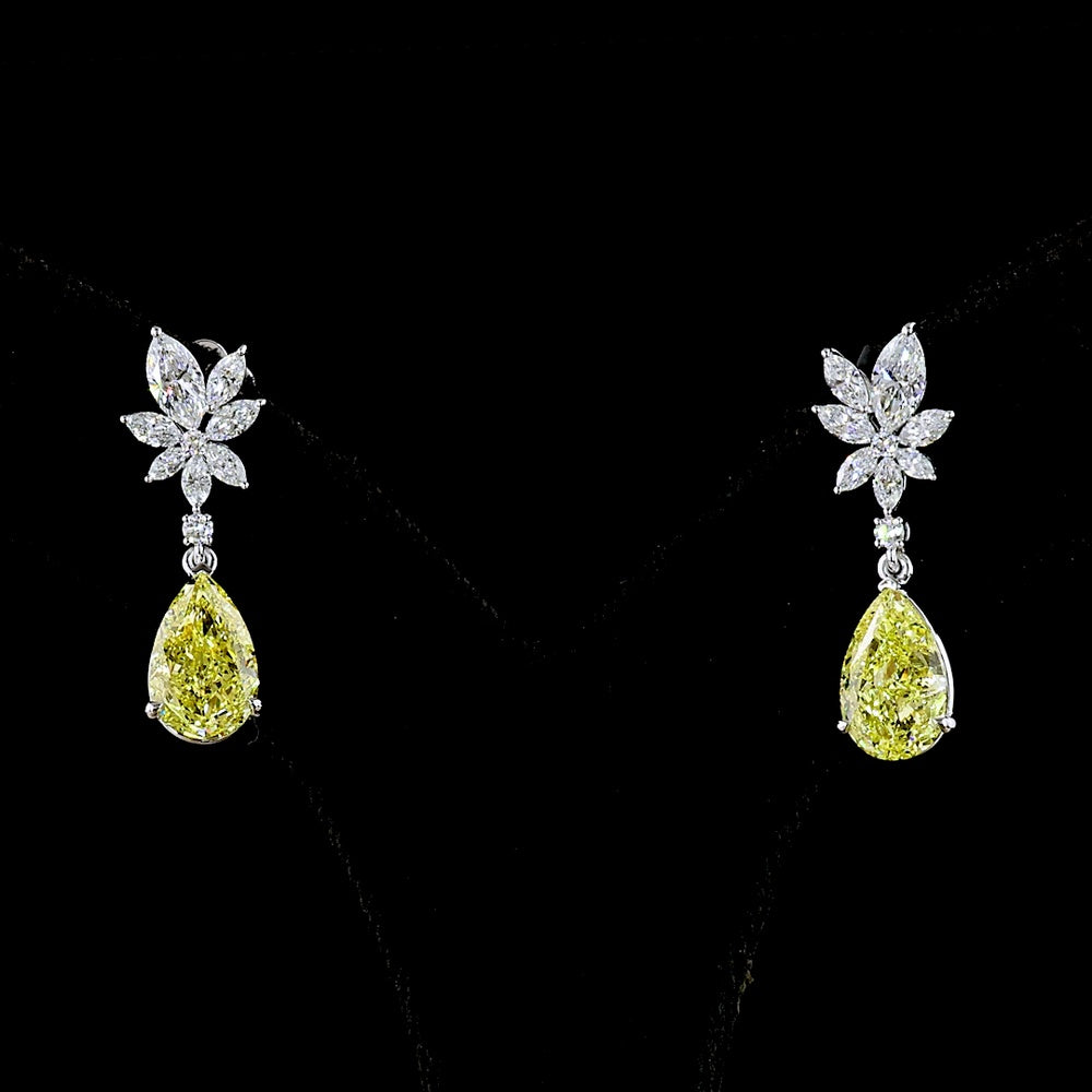 14K White Gold Drop Earrings with Pear-Shaped Fancy Vivid Yellow Lab Diamonds and Floral Marquise White Diamonds - 5.53 Carat Total Weight - Covaloro Fine Jewelry
