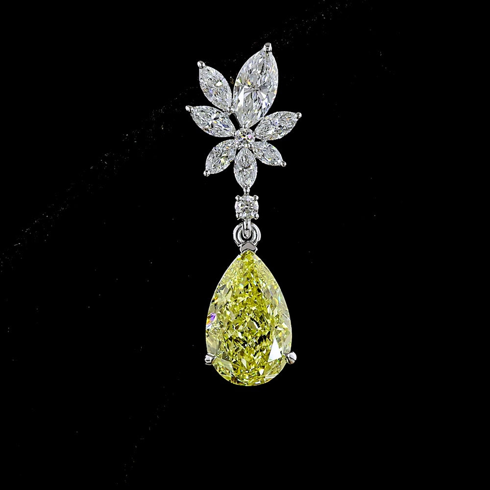 14K White Gold Drop Earrings with Pear-Shaped Fancy Vivid Yellow Lab Diamonds and Floral Marquise White Diamonds - 5.53 Carat Total Weight - Covaloro Fine Jewelry