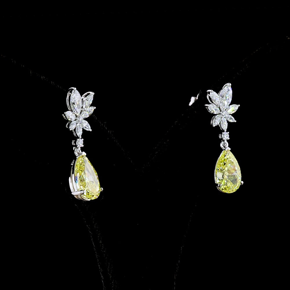 14K White Gold Drop Earrings with Pear-Shaped Fancy Vivid Yellow Lab Diamonds and Floral Marquise White Diamonds - 5.53 Carat Total Weight - Covaloro Fine Jewelry