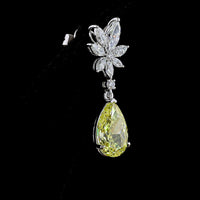 14K White Gold Drop Earrings with Pear-Shaped Fancy Vivid Yellow Lab Diamonds and Floral Marquise White Diamonds - 5.53 Carat Total Weight - Covaloro Fine Jewelry