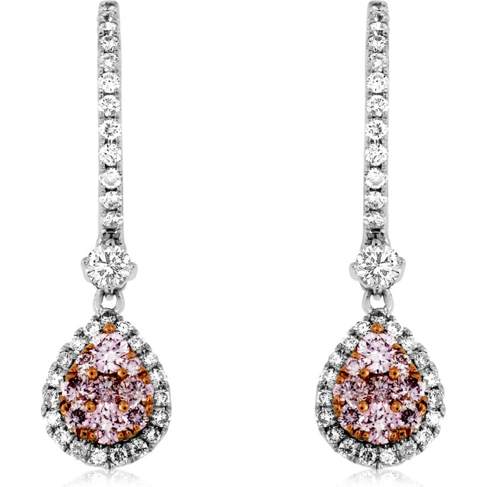 14K White Gold Drop Earrings with Pear-Shaped Pink Diamond Cluster and White Diamond Halo - 0.53 Carat White Diamond and 0.50 Carat Pink Diamond Total Weight - Royal Jewelry