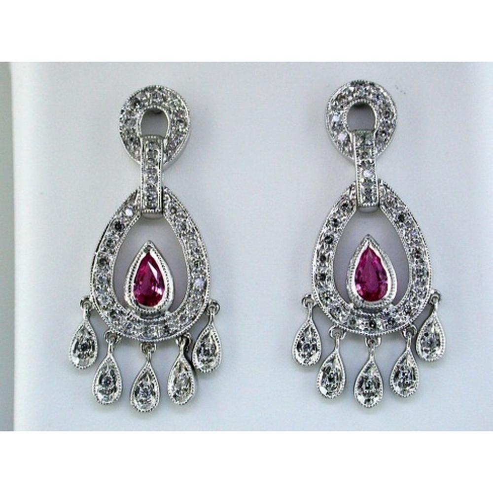 14K White Gold Drop Earrings with Pear-Shaped Pink Sapphires and Round Diamonds - 0.81 Carats Total Gem Weight