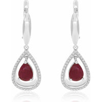 14K White Gold Drop Earrings with Pear-Shaped Rubies and Diamond Halo - 3.00 Carats Total Ruby Weight, 0.30 Carats Total Diamond Weight