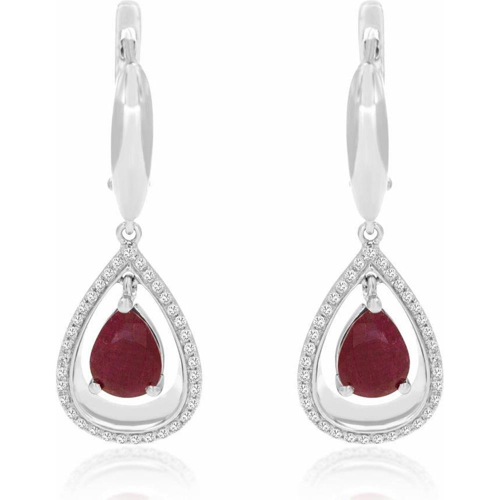 14K White Gold Drop Earrings with Pear-Shaped Rubies and Diamond Halo - 3.00 Carats Total Ruby Weight, 0.30 Carats Total Diamond Weight