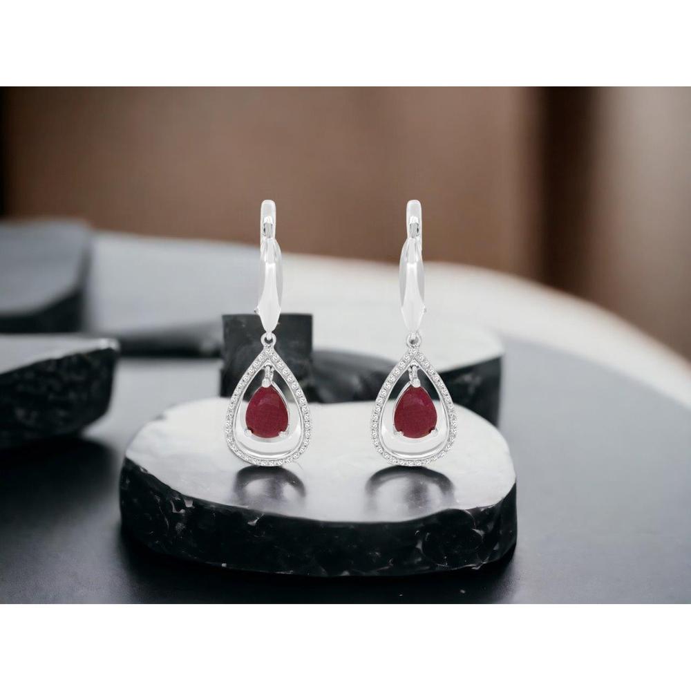 14K White Gold Drop Earrings with Pear-Shaped Rubies and Diamond Halo - 3.00 Carats Total Ruby Weight, 0.30 Carats Total Diamond Weight