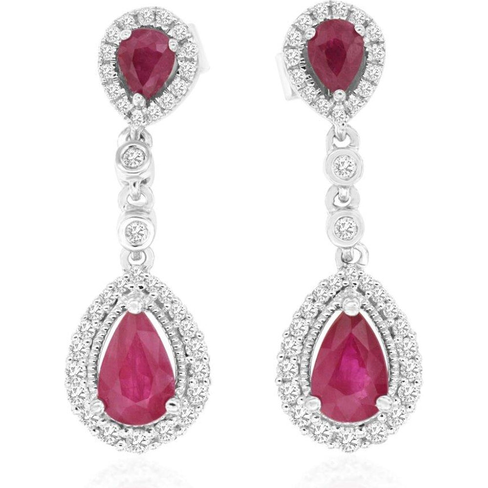 14K White Gold Drop Earrings with Pear-Shaped Ruby and Diamond Halo - 1.20 Carat Total Ruby Weight and 0.37 Carat Total Diamond Weight - Royal Jewelry