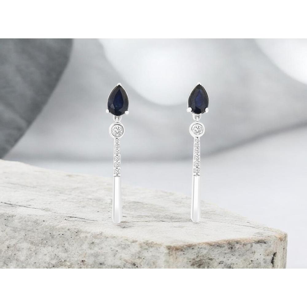 14K White Gold Drop Earrings with Pear Shaped Sapphires and Round Diamonds - 1.00 Carat Total Sapphire Weight and 0.14 Carat Total Diamond Weight - Royal Jewelry