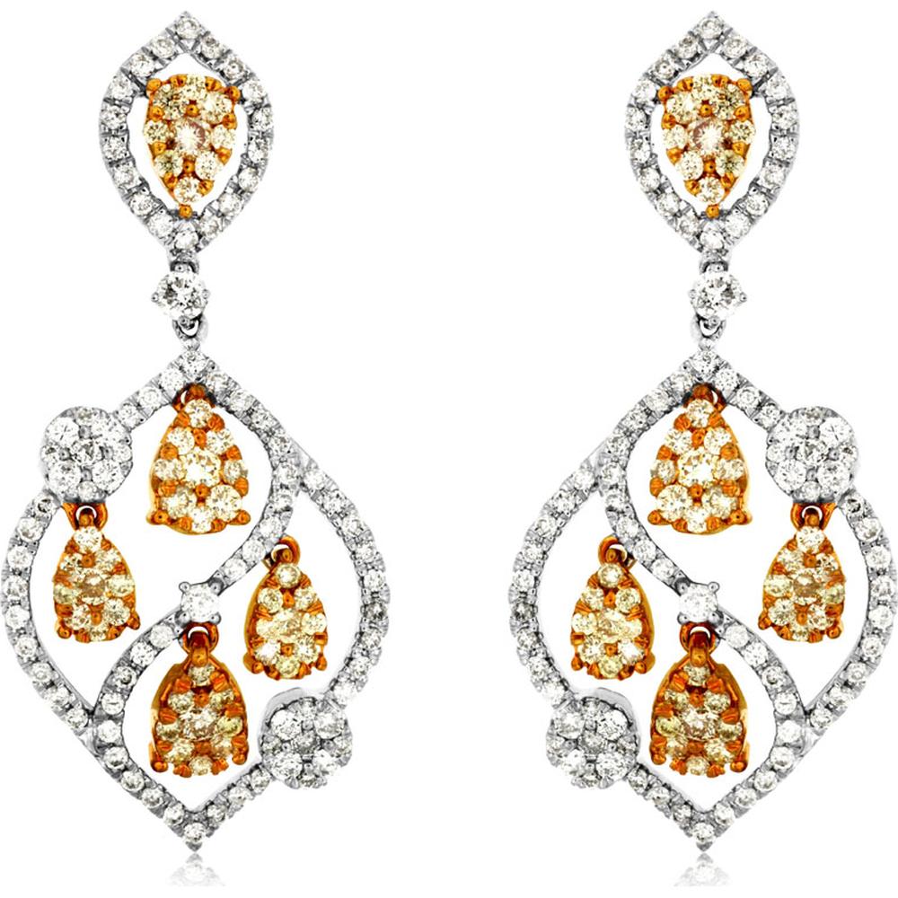 14K White Gold Drop Earrings with Pear-Shaped Yellow and White Diamonds - 2.45 Carats Total Diamond Weight