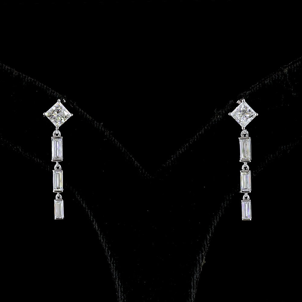 14K White Gold Drop Earrings with Princess Cut and Baguette Lab Diamonds - 2.03 Carat Total Diamond Weight - Covaloro Fine Jewelry