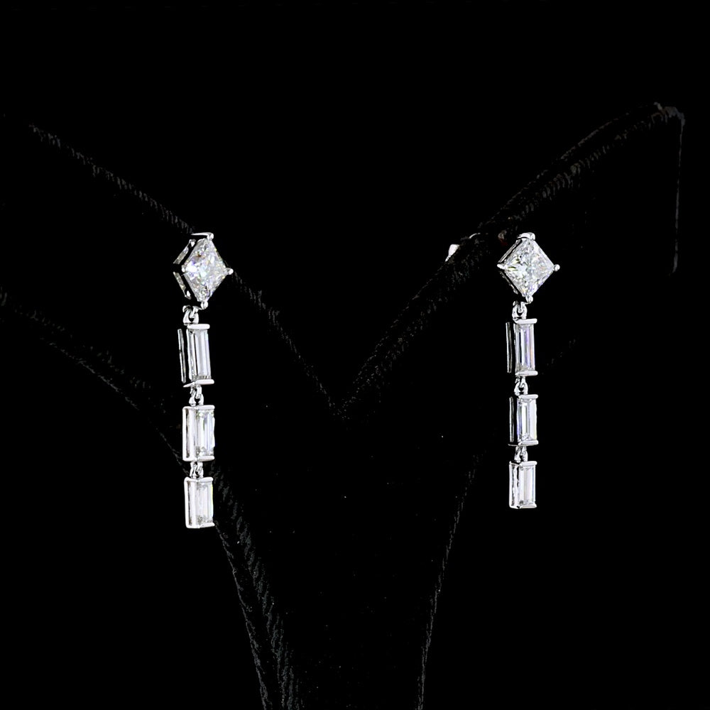 14K White Gold Drop Earrings with Princess Cut and Baguette Lab Diamonds - 2.03 Carat Total Diamond Weight - Covaloro Fine Jewelry