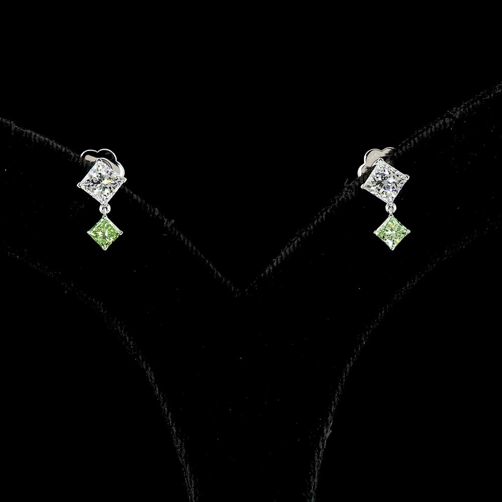 14K White Gold Drop Earrings with Princess Cut Lab Diamonds in White and Fancy Vivid Green - 1.77 Carat Total Weight - Covaloro Fine Jewelry