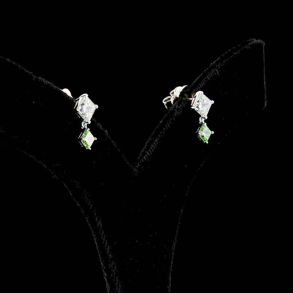 14K White Gold Drop Earrings with Princess Cut Lab Diamonds in White and Fancy Vivid Green - 1.77 Carat Total Weight - Covaloro Fine Jewelry