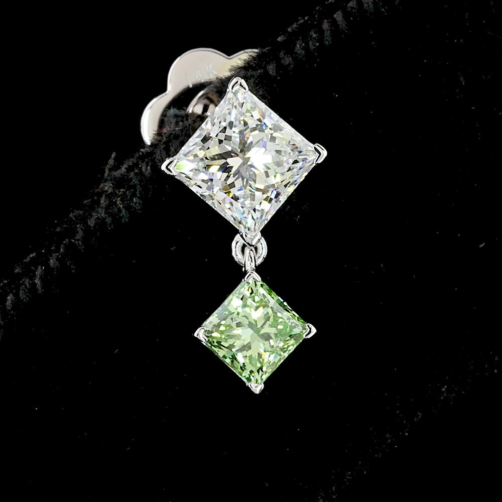 14K White Gold Drop Earrings with Princess Cut Lab Diamonds in White and Fancy Vivid Green - 1.77 Carat Total Weight - Covaloro Fine Jewelry