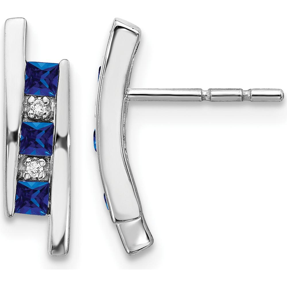 14K White Gold Drop Earrings with Princess Cut Sapphire and Round Diamond Accents - 0.08 Carat Sapphire, 0.005 Carat Diamond Total Weight by Monteluci Fine Jewelry