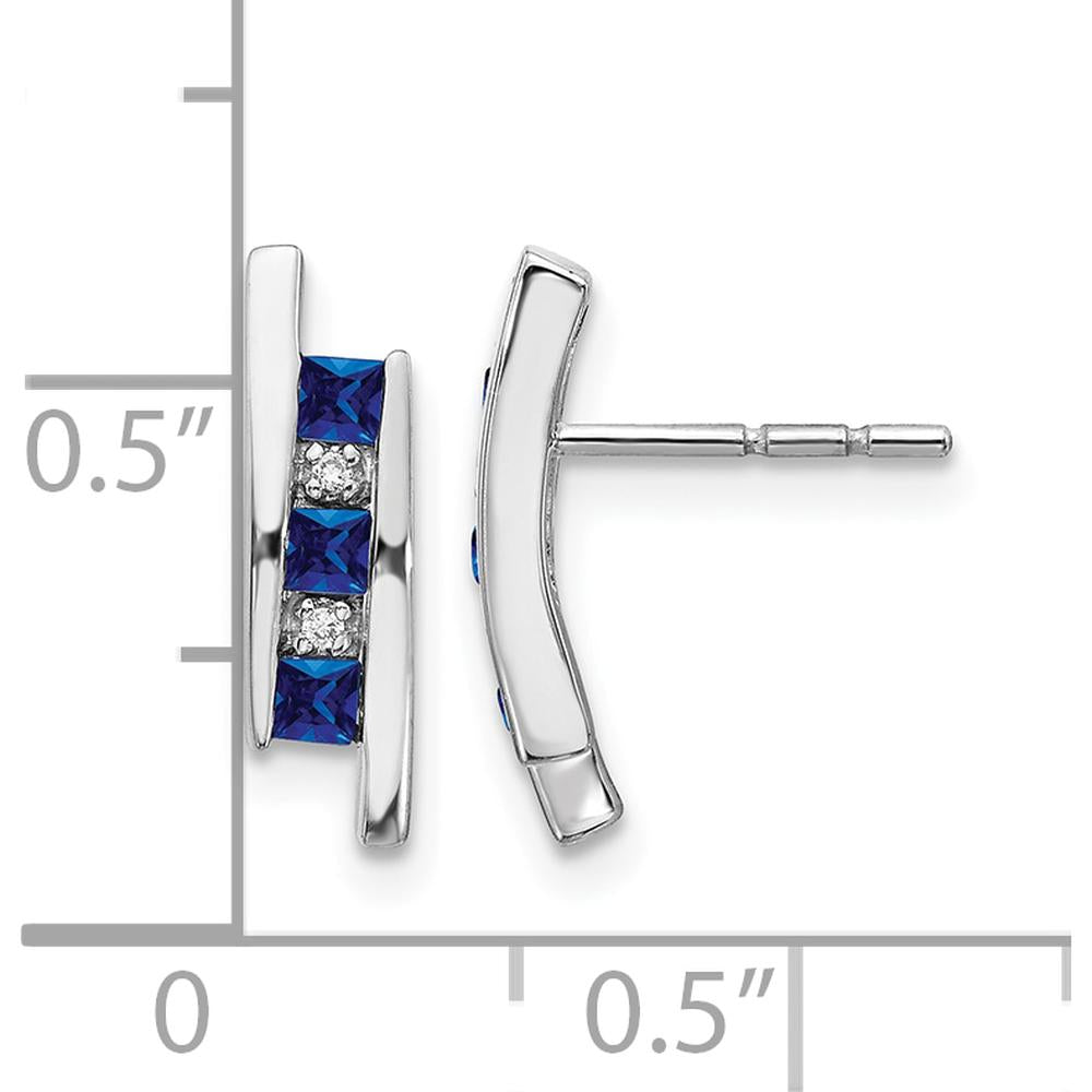 14K White Gold Drop Earrings with Princess Cut Sapphire and Round Diamond Accents - 0.08 Carat Sapphire, 0.005 Carat Diamond Total Weight by Monteluci Fine Jewelry