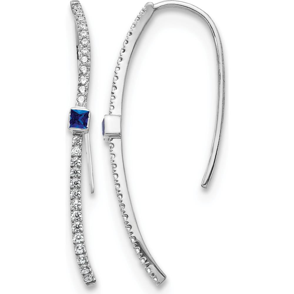 14K White Gold Drop Earrings with Princess-Cut Sapphire and Round Diamonds - 0.045 Carat Total Diamond Weight by Monteluci Fine Jewelry