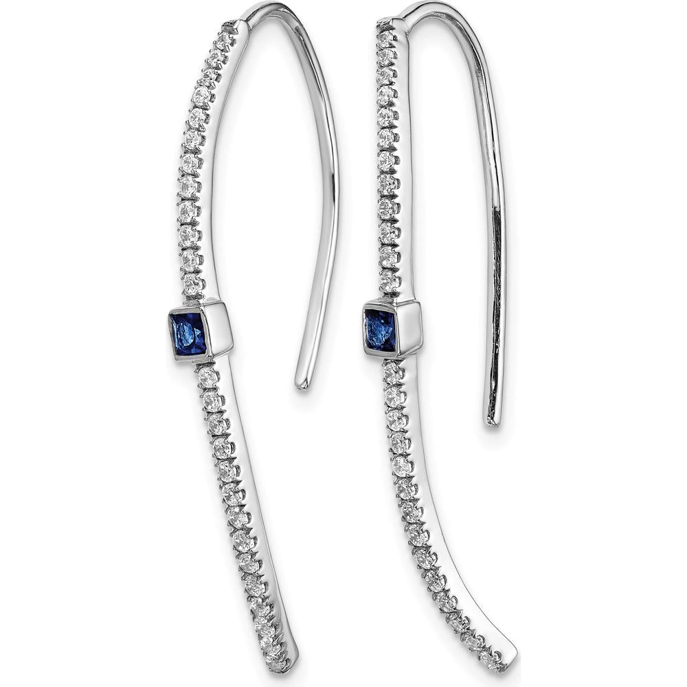 14K White Gold Drop Earrings with Princess-Cut Sapphire and Round Diamonds - 0.045 Carat Total Diamond Weight by Monteluci Fine Jewelry