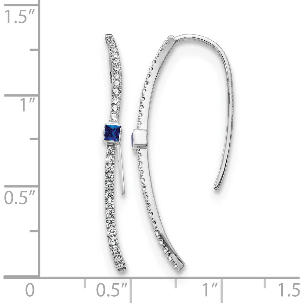 14K White Gold Drop Earrings with Princess-Cut Sapphire and Round Diamonds - 0.045 Carat Total Diamond Weight by Monteluci Fine Jewelry
