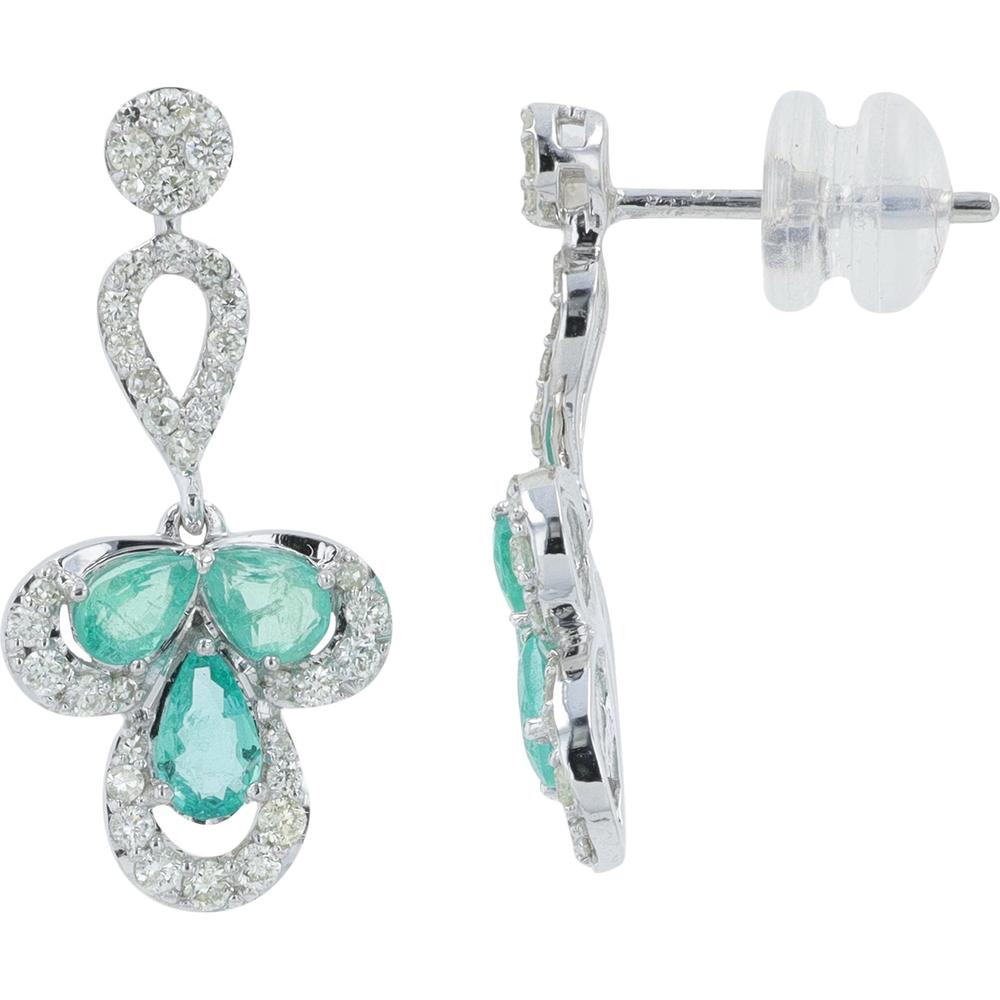 14K White Gold Drop Earrings with Prong Set Pear - Shaped Emeralds and Diamond Halo - 0.90 Carat Total Emerald Weight, 0.50 Carat Total Diamond Weight