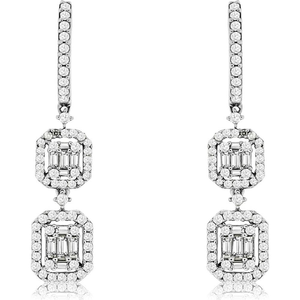 14K White Gold Drop Earrings with Round and Baguette Diamond Illusion Halo Clusters – 1.10 Carat Total Diamond Weight - Royal Jewelry