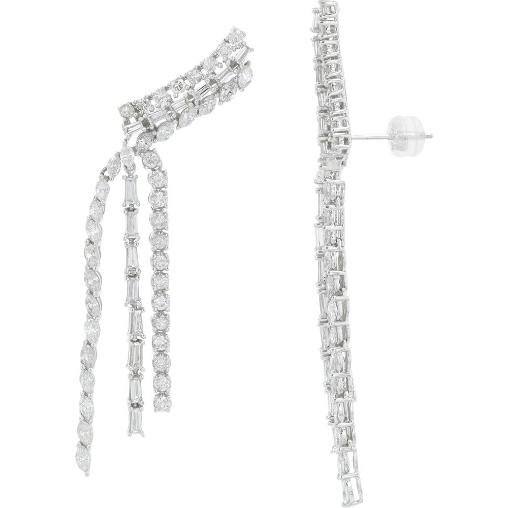 14K White Gold Drop Earrings with Round and Baguette Diamonds - 4.50 Carat Total Diamond Weight
