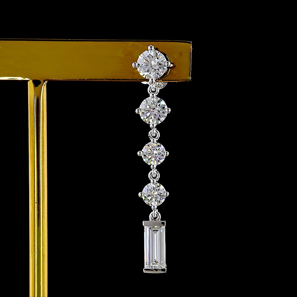 14K White Gold Drop Earrings with Round and Baguette Lab Diamonds - 3.16 Carat Total Weight, E-F VS1 Quality - Covaloro Fine Jewelry