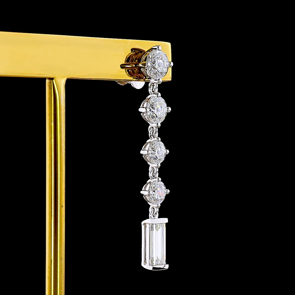 14K White Gold Drop Earrings with Round and Baguette Lab Diamonds - 3.16 Carat Total Weight, E-F VS1 Quality - Covaloro Fine Jewelry