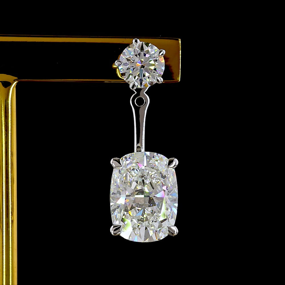 14K White Gold Drop Earrings with Round and Cushion Brilliant Lab Diamonds - 12.29 Carats Total Diamond Weight - Covaloro Fine Jewelry