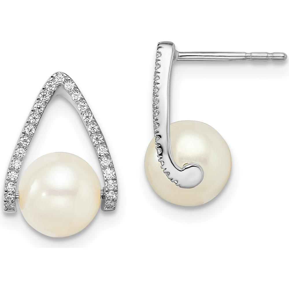 14K White Gold Drop Earrings with Round Diamonds and FWC Pearls - 0.006 Carat Total Diamond Weight by Monteluci Fine Jewelry