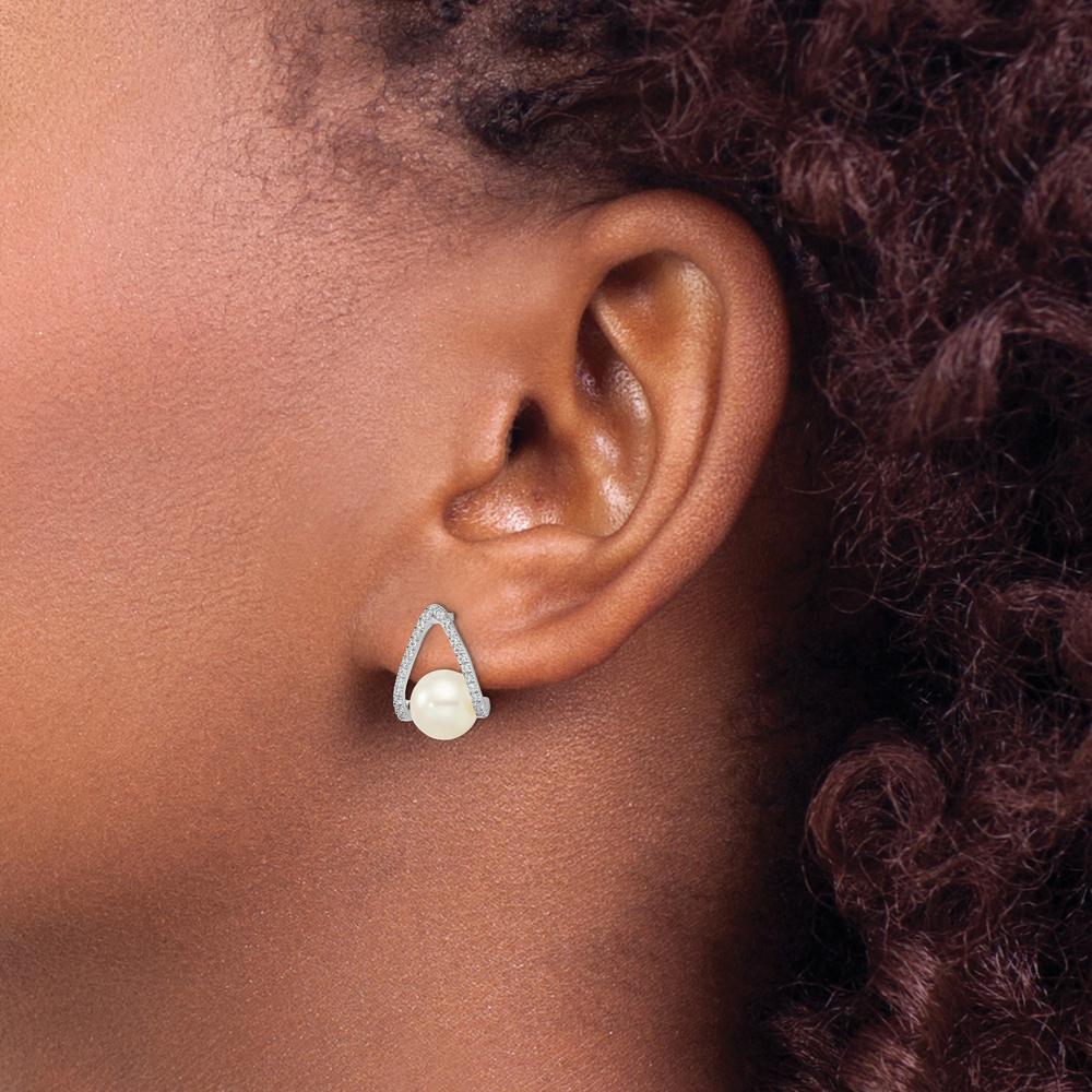 14K White Gold Drop Earrings with Round Diamonds and FWC Pearls - 0.006 Carat Total Diamond Weight by Monteluci Fine Jewelry