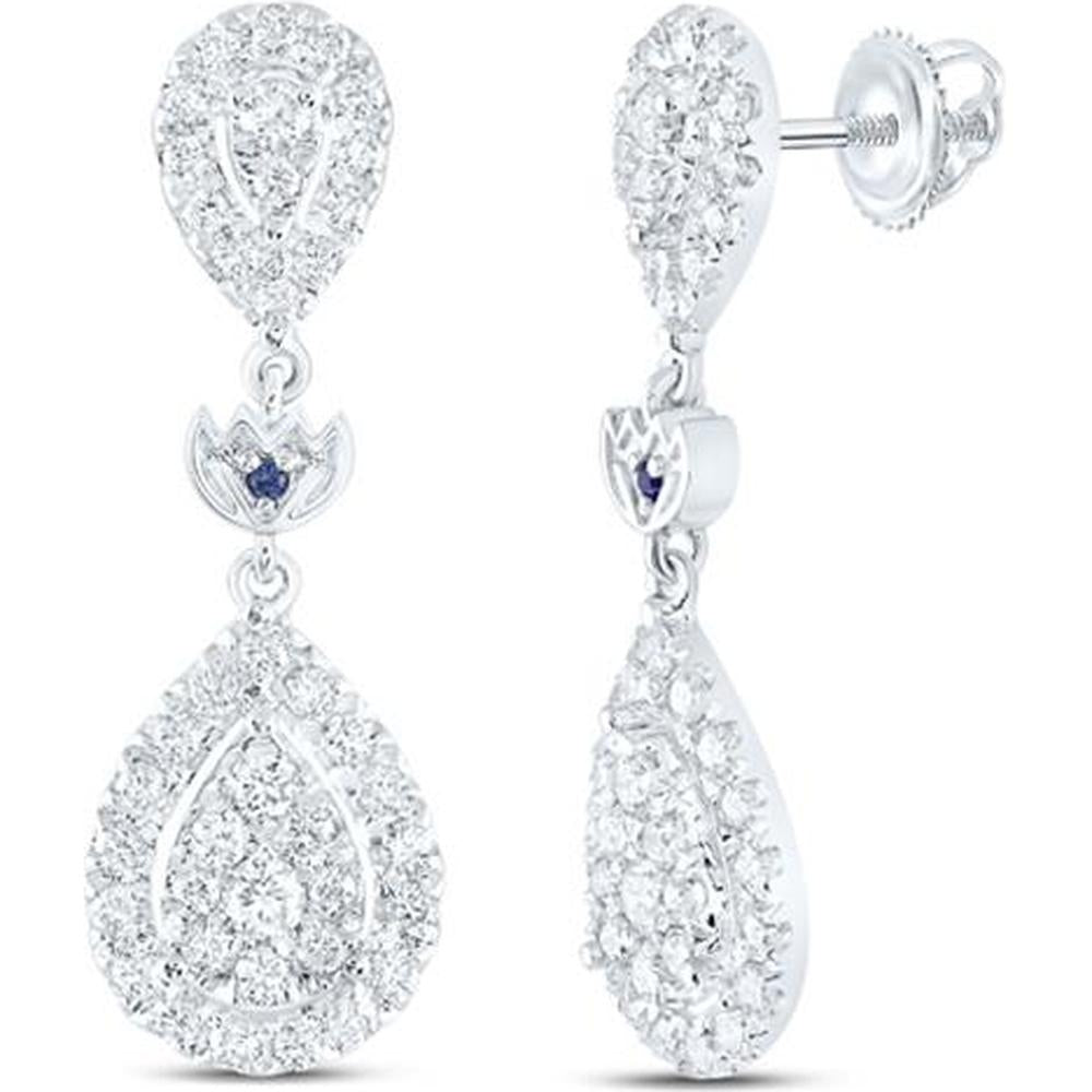 14K White Gold Drop Earrings with Round Diamonds and Sapphire Accents - 1.00 Carat Total Diamond Weight, 0.01 Carat Total Sapphire Weight