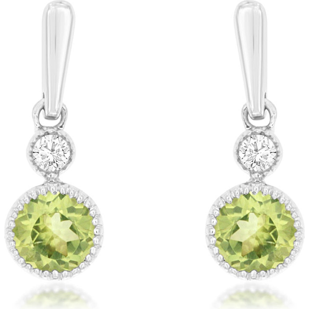 14K White Gold Drop Earrings with Round Peridots and Diamond Accents - 0.50 Carat Total Peridot Weight and 0.03 Carat Total Diamond Weight - Royal Jewelry