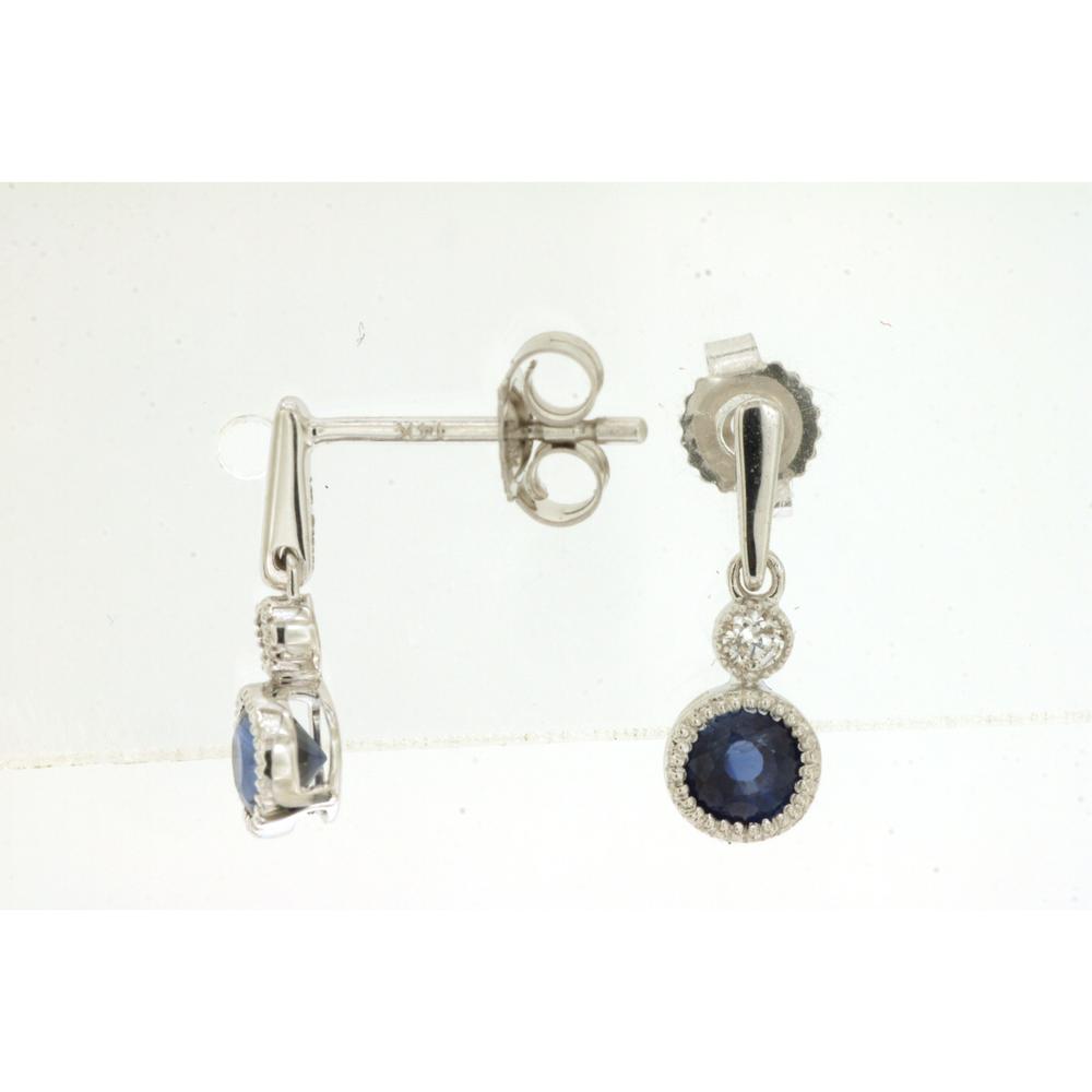 14K White Gold Drop Earrings with Round Sapphires and Diamond Accents - 0.65 Carat Total Sapphire Weight, 0.06 Carat Total Diamond Weight - Royal Jewelry