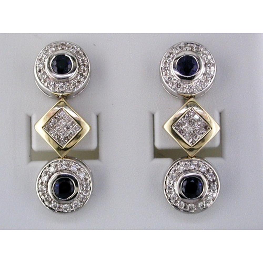 14K White Gold Drop Earrings with Round Sapphires and Round Diamonds - 0.70 Carat Total Sapphire Weight and 0.52 Carat Total Diamond Weight - Royal Jewelry