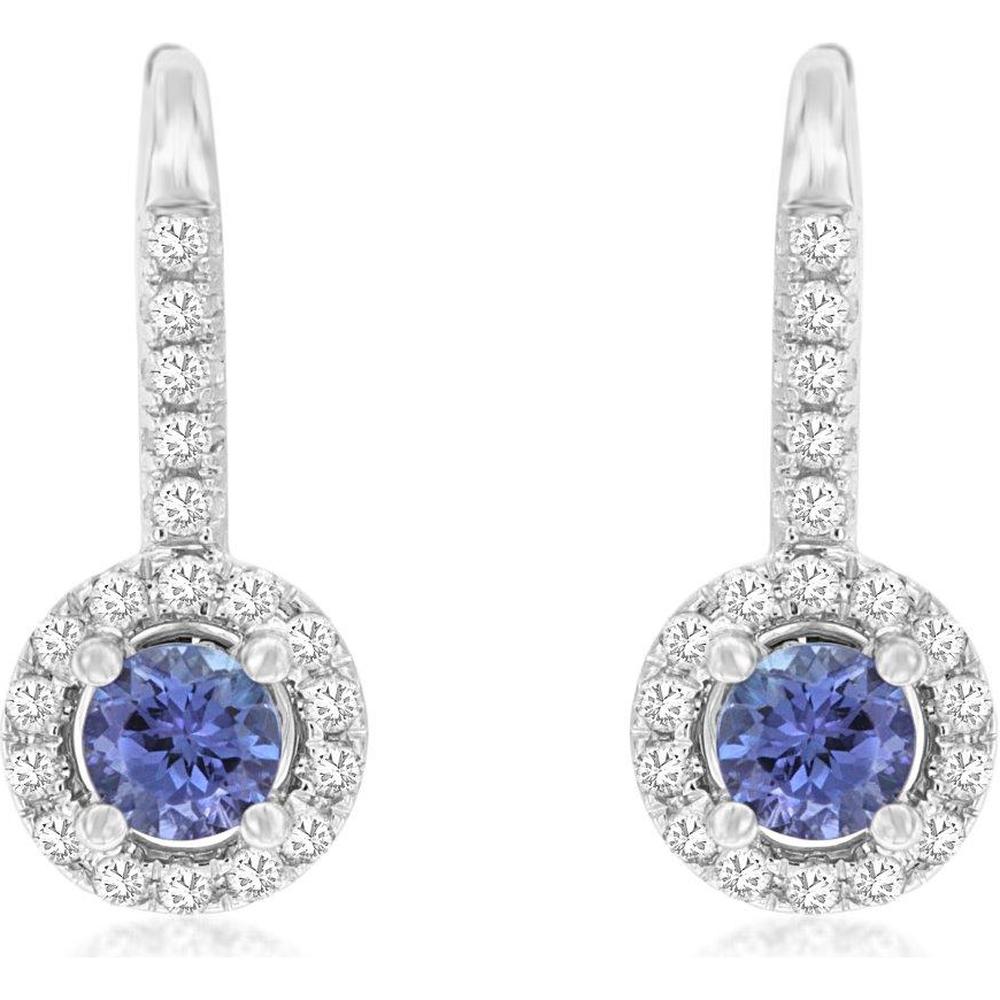 14K White Gold Drop Earrings with Round Tanzanites and Diamond Halos - 0.50 Carat Total Tanzanite Weight and 0.24 Carat Total Diamond Weight - Royal Jewelry