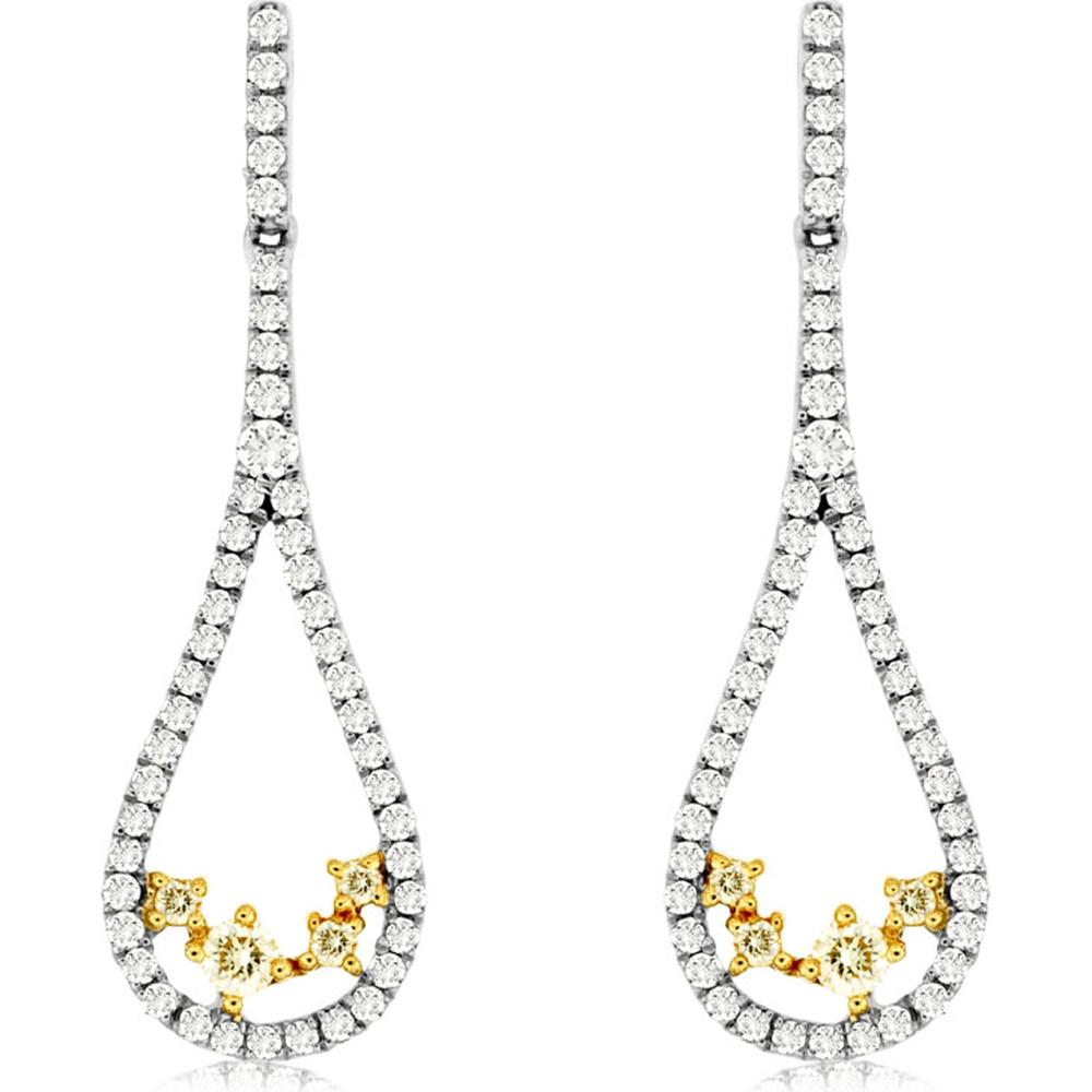 14K White Gold Drop Earrings with Round White Diamonds and Yellow Diamond Accents - 0.56 Carat Total Diamond Weight - Royal Jewelry