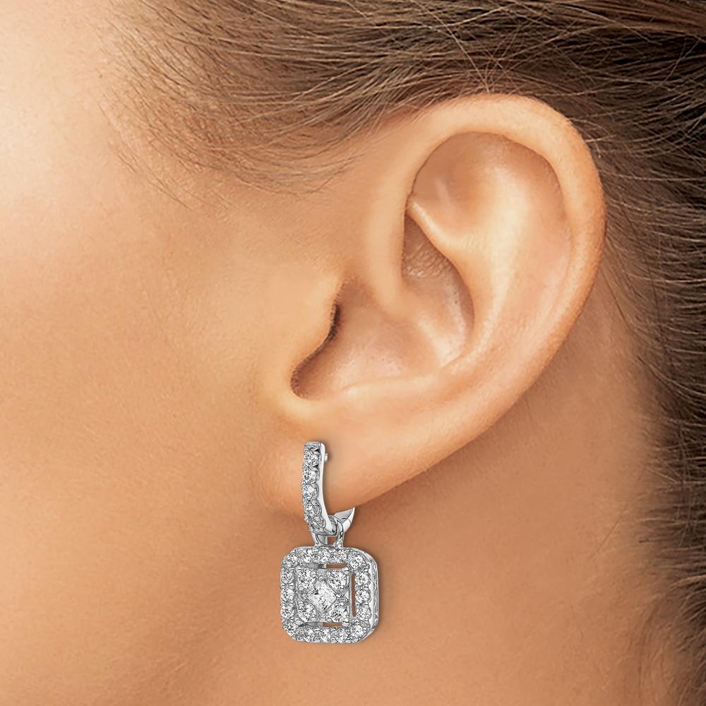 14K White Gold Drop Earrings with Square and Round Diamonds - 0.17 Carat Total Diamond Weight by Monteluci Fine Jewelry