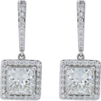 14K White Gold Drop Earrings with Square-Cut Halo Diamonds - 7.00 Carat Total Lab Grown Diamond Weight