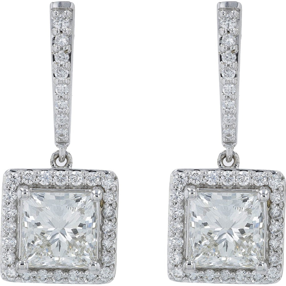 14K White Gold Drop Earrings with Square-Cut Halo Diamonds - 7.00 Carat Total Lab Grown Diamond Weight