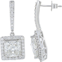 14K White Gold Drop Earrings with Square-Cut Halo Diamonds - 7.00 Carat Total Lab Grown Diamond Weight