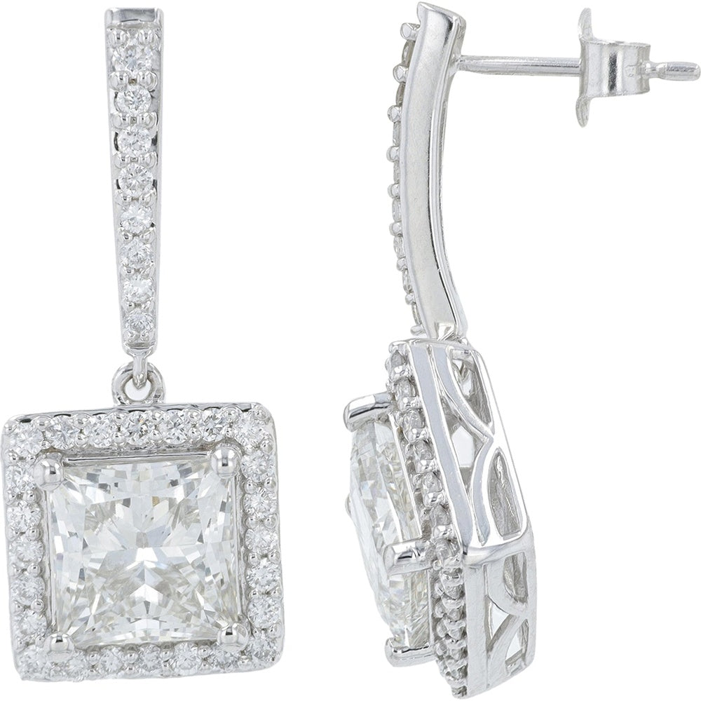 14K White Gold Drop Earrings with Square-Cut Halo Diamonds - 7.00 Carat Total Lab Grown Diamond Weight