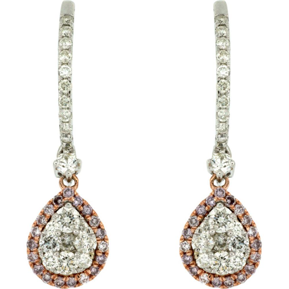 14K White Gold Drop Earrings with White and Pink Diamonds - 1.02 Carats Total Diamond Weight