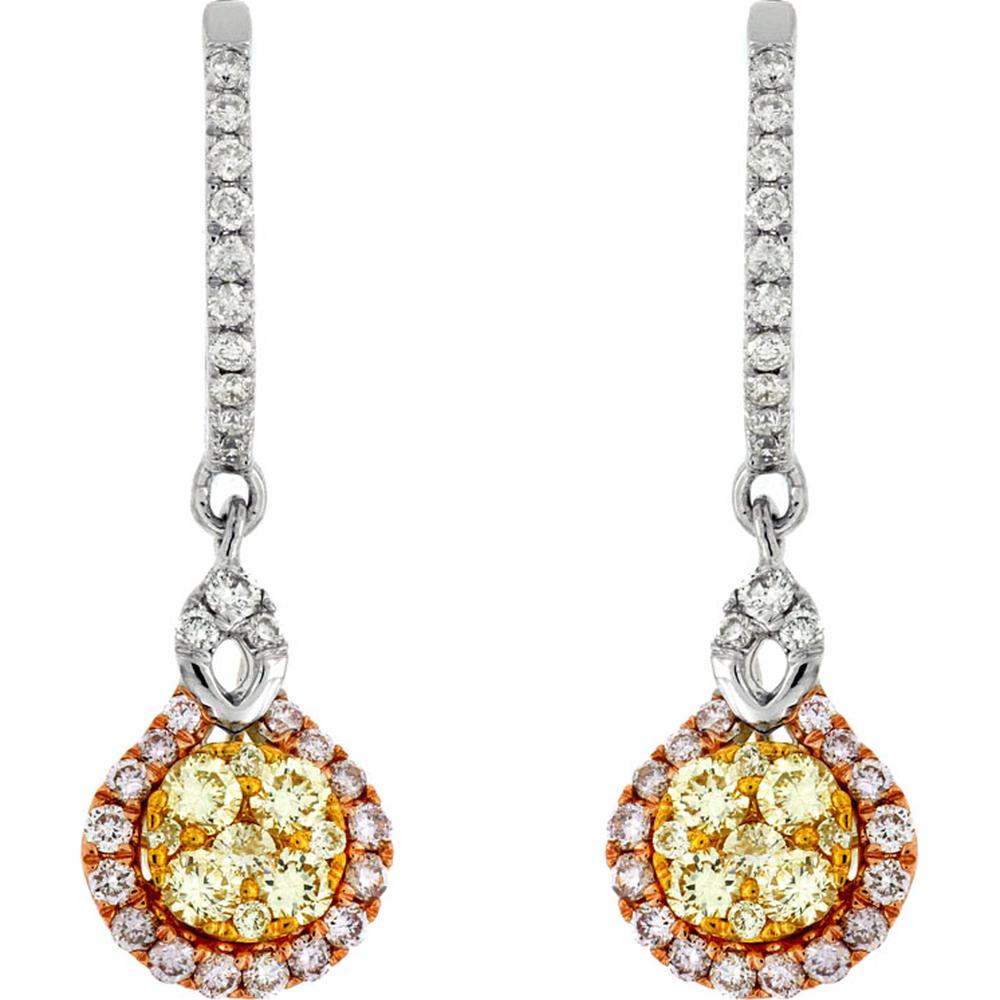 14K White Gold Drop Earrings with Yellow and Pink Diamond Halo - 0.98 Carats Total Diamond Weight