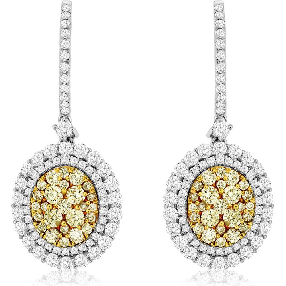 14K White Gold Drop Earrings with Yellow and White Diamonds - 1.93 Carats Total Diamond Weight