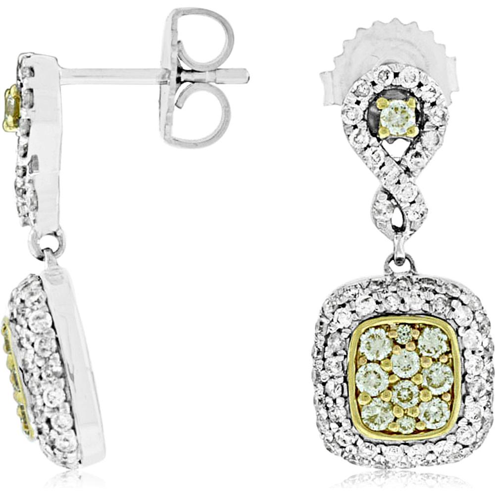 14K White Gold Drop Earrings with Yellow Diamond and White Diamond Halo - 0.76 Carats Total Diamond Weight