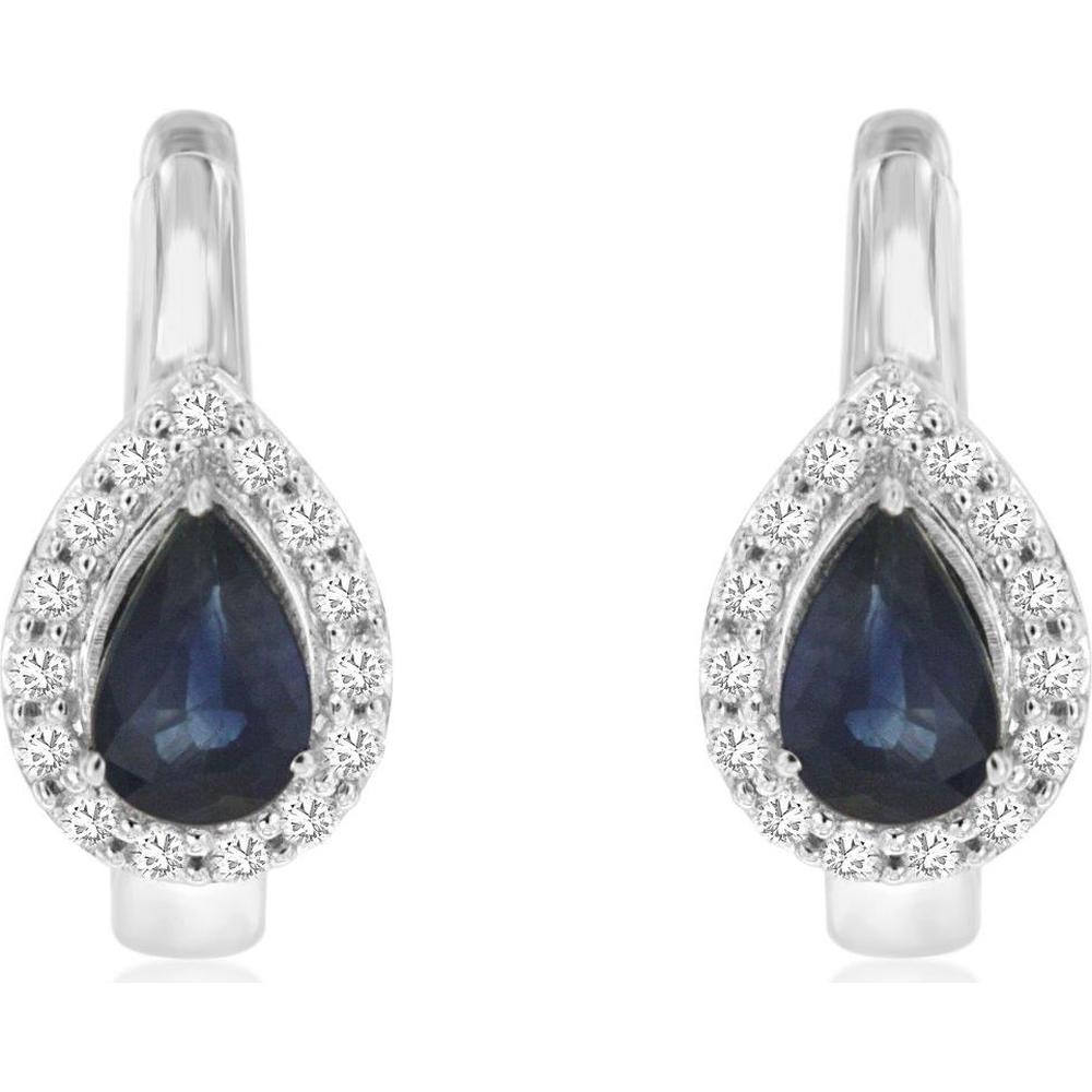 14K White Gold Drop Huggie Earrings with Pear Shaped Sapphires and Round Diamond Halos - 1.06 Carat Total Sapphire Weight, 0.25 Carat Total Diamond Weight - Royal Jewelry